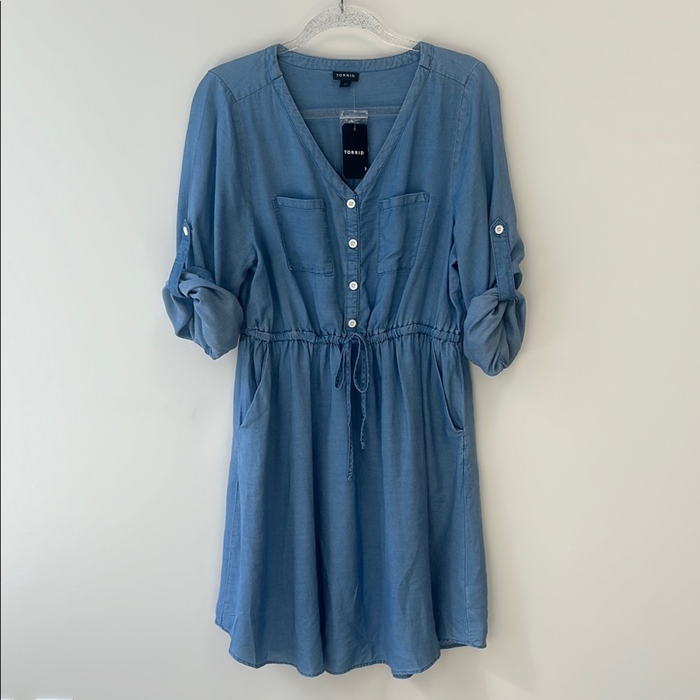 torrid Light Blue V-Neck Drawstring Shirt Dress